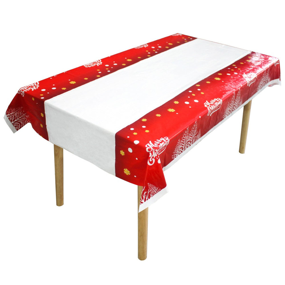 Fata de masa dreptunghiulara, PVC, 2.5 mm grosime, imprimeu Merry Christmas, potrivit pentru Craciun, utilizare multipla, 180 x 108 cm, alb