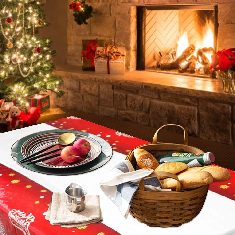 Fata de masa dreptunghiulara, PVC, 2.5 mm grosime, imprimeu Merry Christmas, potrivit pentru Craciun, utilizare multipla, 180 x 108 cm, alb