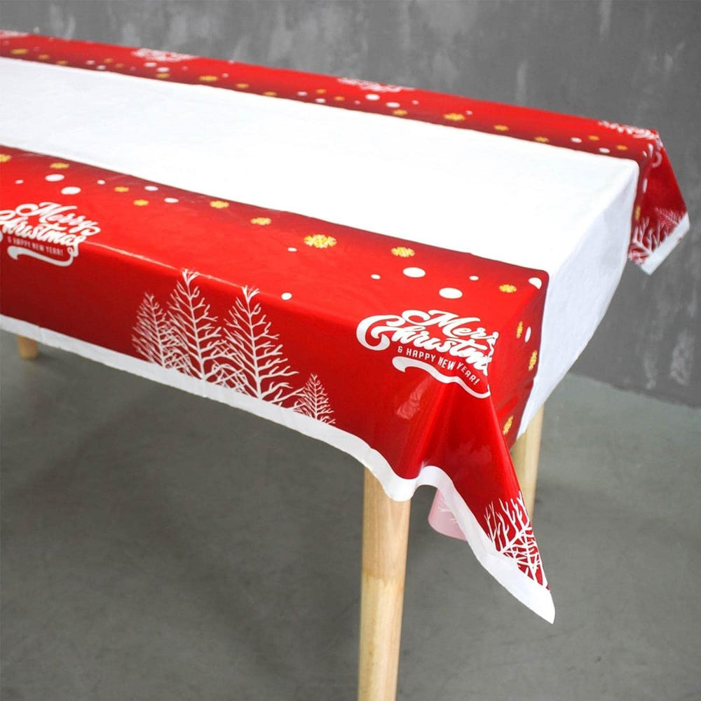 Fata de masa dreptunghiulara, PVC, 2.5 mm grosime, imprimeu Merry Christmas, potrivit pentru Craciun, utilizare multipla, 180 x 108 cm, alb