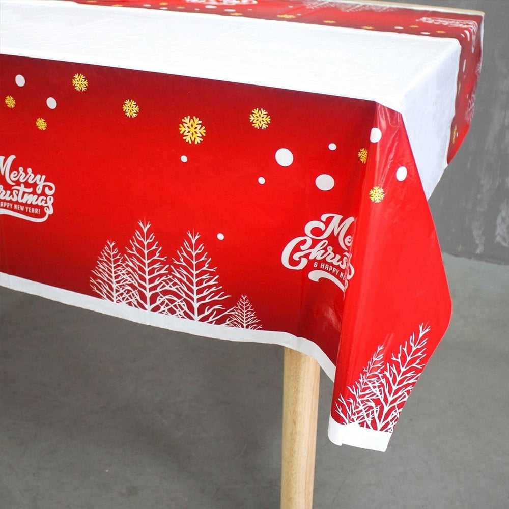 Fata de masa dreptunghiulara, PVC, 2.5 mm grosime, imprimeu Merry Christmas, potrivit pentru Craciun, utilizare multipla, 180 x 108 cm, alb