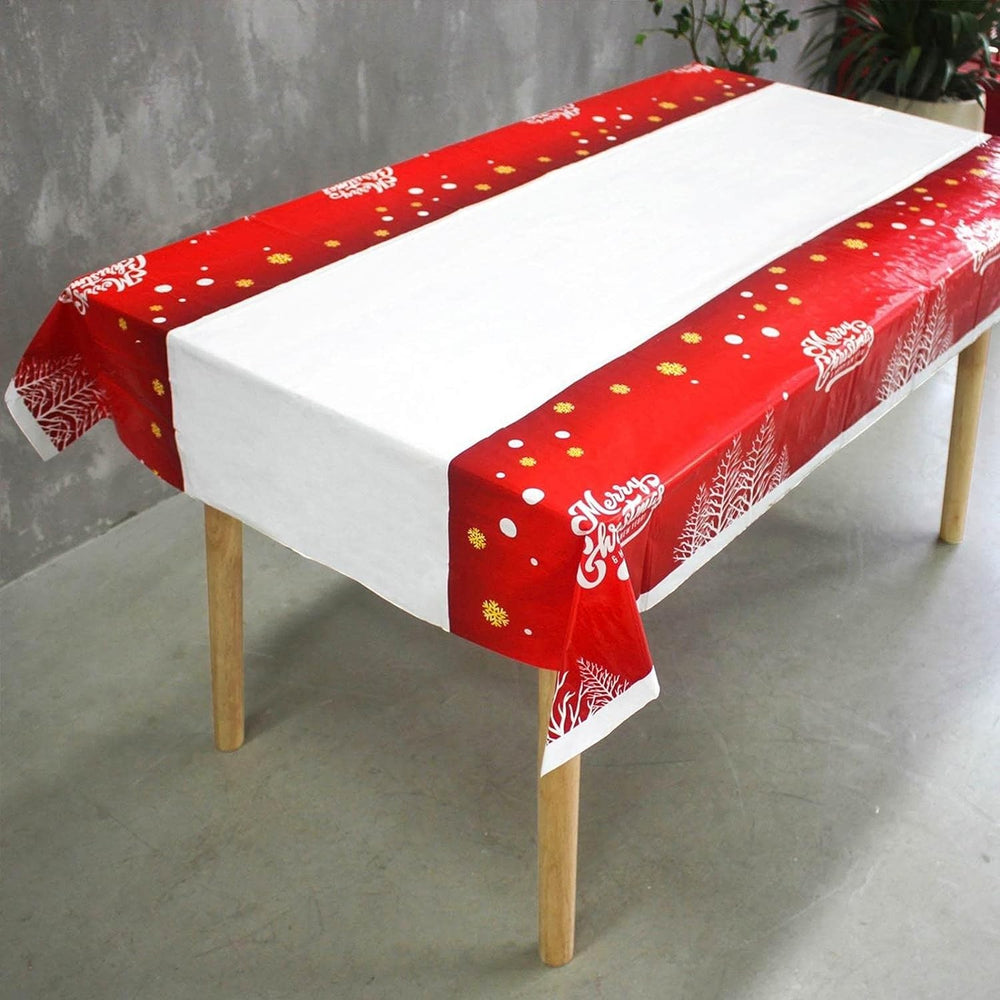 Fata de masa dreptunghiulara, PVC, 2.5 mm grosime, imprimeu Merry Christmas, potrivit pentru Craciun, utilizare multipla, 180 x 108 cm, alb