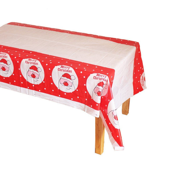 Fata de masa dreptunghiulara, PVC, 2.5 mm grosime, imprimeu Mos Craciun model 2, potrivit pentru Craciun, utilizare multipla, 180 x 108 cm, alb