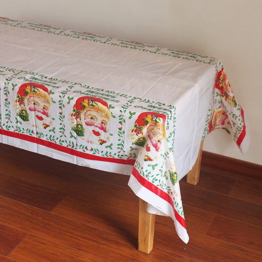 Fata de masa dreptunghiulara, PVC, 2.5 mm grosime, imprimeu Mos Craciun, potrivit pentru Craciun, utilizare multipla, 180 x 108 cm, alb