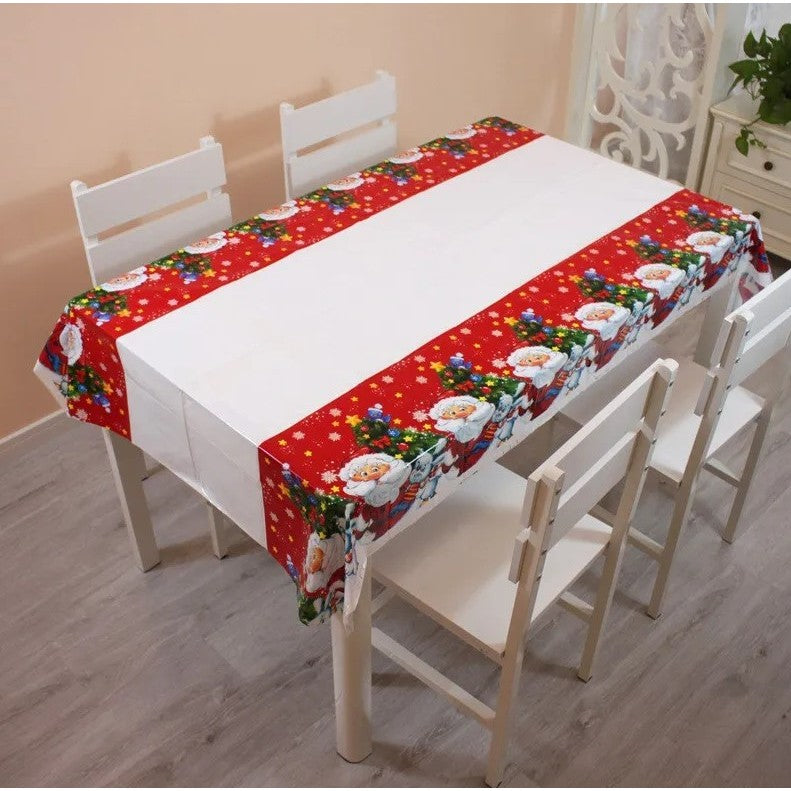Fata de masa dreptunghiulara, PVC, 2.5 mm grosime, imprimeu Mos Craciun cu iepuras, potrivit pentru Craciun, utilizare multipla, 180 x 108 cm, alb