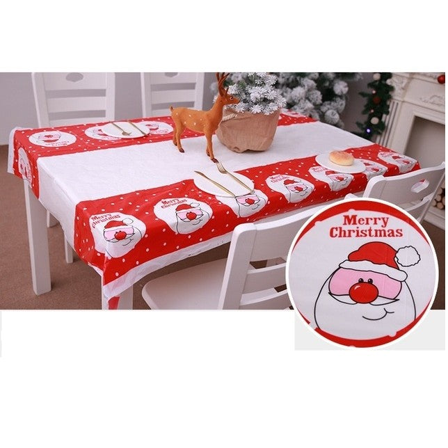 Fata de masa dreptunghiulara, PVC, 2.5 mm grosime, imprimeu Mos Craciun model 2, potrivit pentru Craciun, utilizare multipla, 180 x 108 cm, alb