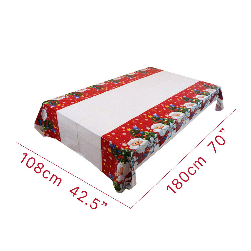 Fata de masa dreptunghiulara, PVC, 2.5 mm grosime, imprimeu Mos Craciun cu iepuras, potrivit pentru Craciun, utilizare multipla, 180 x 108 cm, alb