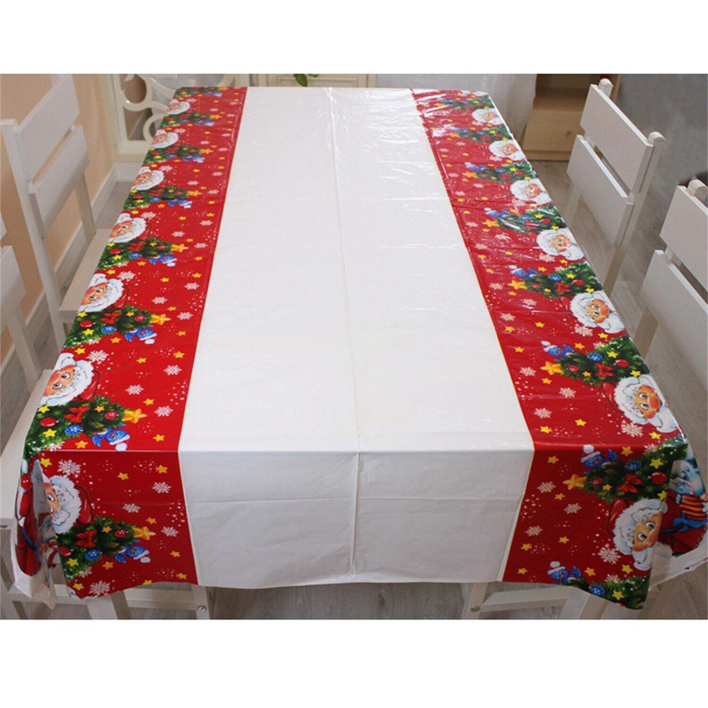Fata de masa dreptunghiulara, PVC, 2.5 mm grosime, imprimeu Mos Craciun cu iepuras, potrivit pentru Craciun, utilizare multipla, 180 x 108 cm, alb