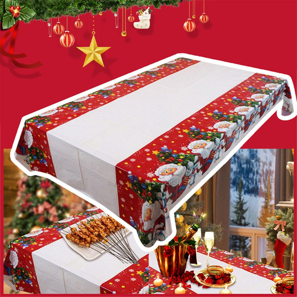 Fata de masa dreptunghiulara, PVC, 2.5 mm grosime, imprimeu Mos Craciun cu iepuras, potrivit pentru Craciun, utilizare multipla, 180 x 108 cm, alb