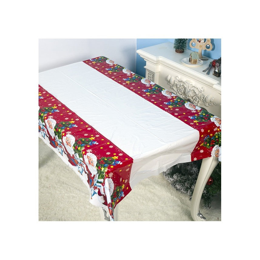 Fata de masa dreptunghiulara, PVC, 2.5 mm grosime, imprimeu Mos Craciun cu iepuras, potrivit pentru Craciun, utilizare multipla, 180 x 108 cm, alb