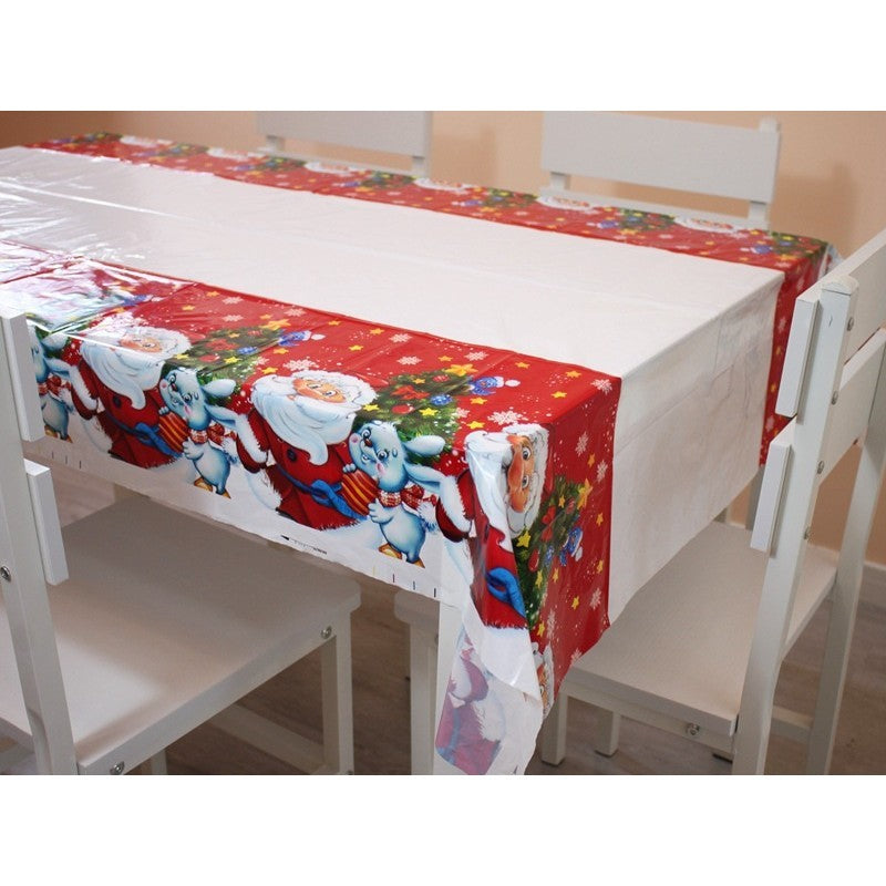 Fata de masa dreptunghiulara, PVC, 2.5 mm grosime, imprimeu Mos Craciun cu iepuras, potrivit pentru Craciun, utilizare multipla, 180 x 108 cm, alb