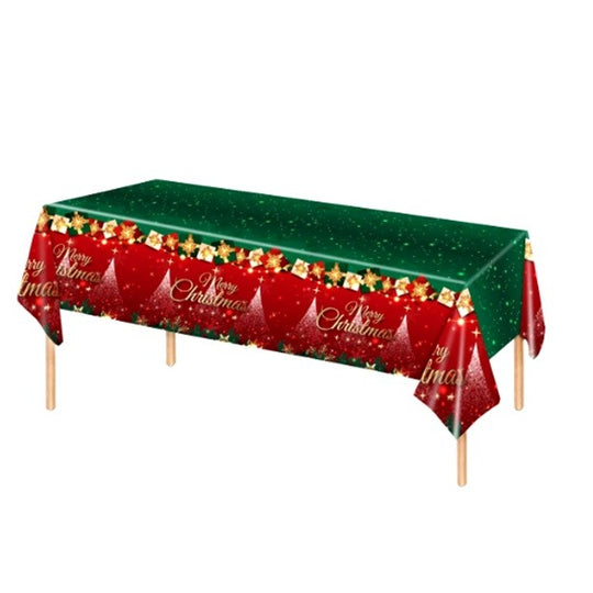 Fata de Masa Festiva, Dreptunghiulara, Imprimeu Merry Christmas, Tema Craciun, Rezistenta la Apa, din PVC, 137 x 274 cm, Rosu/Verde