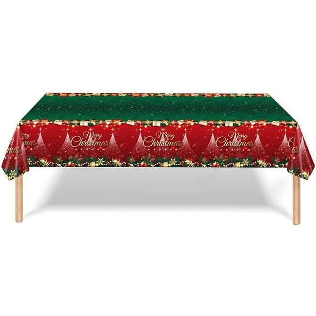 Fata de Masa Festiva, Dreptunghiulara, Imprimeu Merry Christmas, Tema Craciun, Rezistenta la Apa, din PVC, 137 x 274 cm, Rosu/Verde
