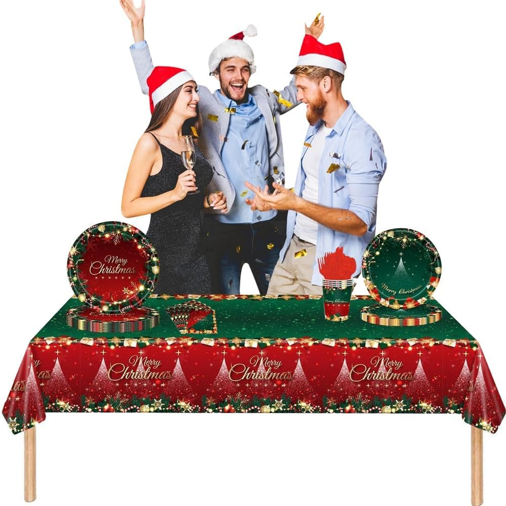 Fata de Masa Festiva, Dreptunghiulara, Imprimeu Merry Christmas, Tema Craciun, Rezistenta la Apa, din PVC, 137 x 274 cm, Rosu/Verde
