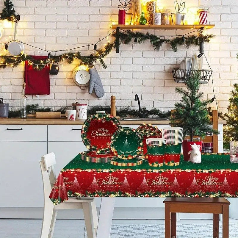 Fata de Masa Festiva, Dreptunghiulara, Imprimeu Merry Christmas, Tema Craciun, Rezistenta la Apa, din PVC, 137 x 274 cm, Rosu/Verde