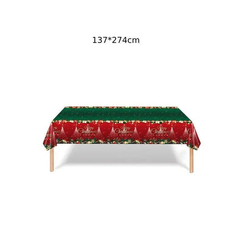 Fata de Masa Festiva, Dreptunghiulara, Imprimeu Merry Christmas, Tema Craciun, Rezistenta la Apa, din PVC, 137 x 274 cm, Rosu/Verde