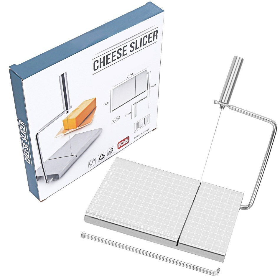 Feliator manual, pentru cascaval, salam, prajituri, unt, din otel inoxidabil, usor de curatat si utilizat, 5 lame de schimb incluse, picioare antiderapante, 21 x 12.2 x 2.8 cm, argintiu