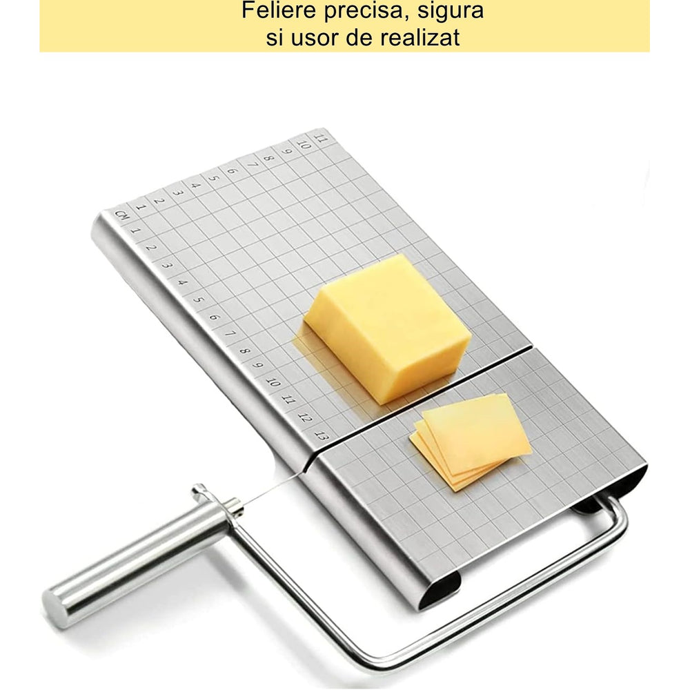 Feliator manual, pentru cascaval, salam, prajituri, unt, din otel inoxidabil, usor de curatat si utilizat, 5 lame de schimb incluse, picioare antiderapante, 21 x 12.2 x 2.8 cm, argintiu
