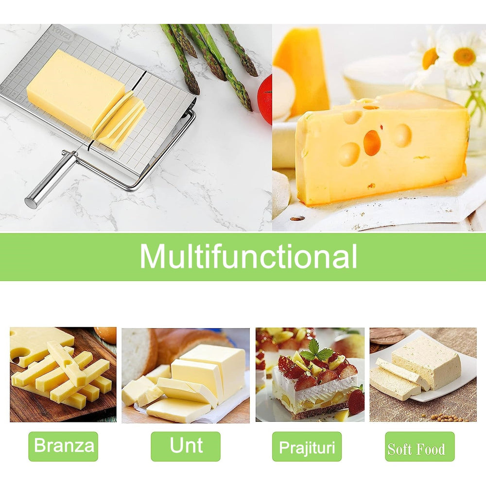 Feliator manual, pentru cascaval, salam, prajituri, unt, din otel inoxidabil, usor de curatat si utilizat, 5 lame de schimb incluse, picioare antiderapante, 21 x 12.2 x 2.8 cm, argintiu