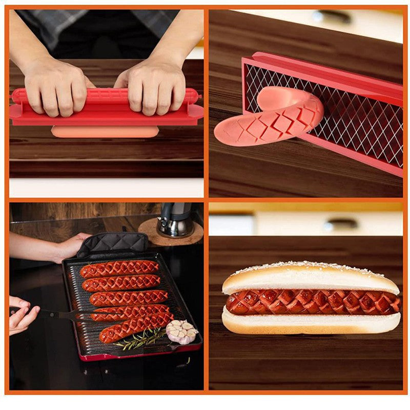 Feliator manual pentru hot-dog, crestare carnati si hot-dog, manual, potrivit pentru gratar, 29.5 x 6.5 cm, din inox si ABS, rosu