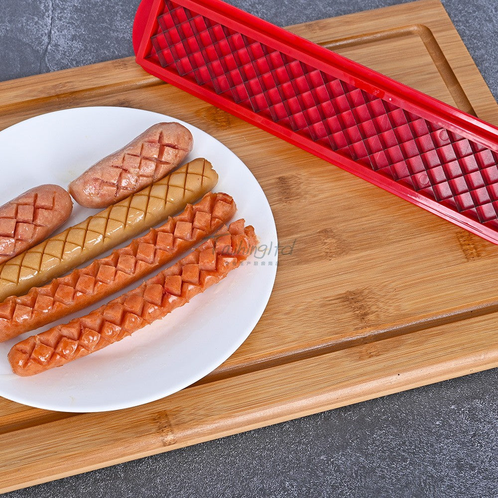 Feliator manual pentru hot-dog, crestare carnati si hot-dog, manual, potrivit pentru gratar, 29.5 x 6.5 cm, din inox si ABS, rosu