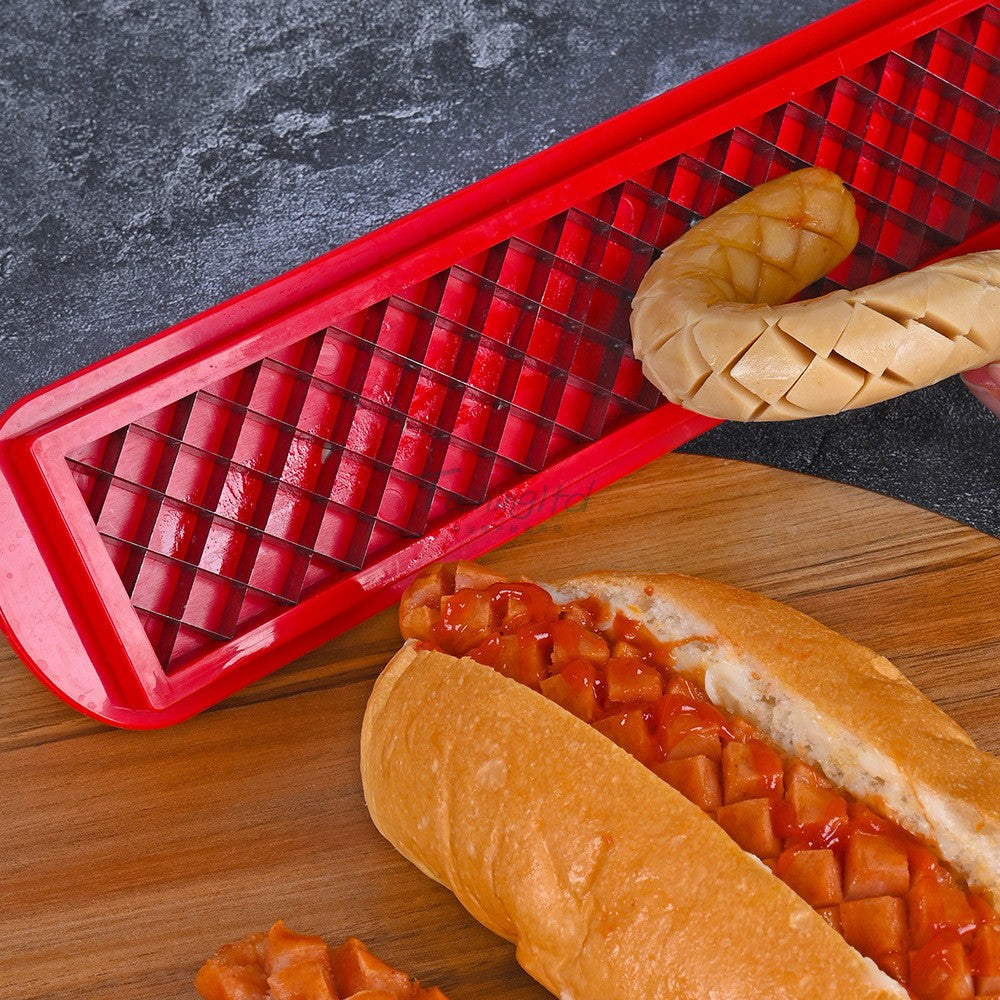 Feliator manual pentru hot-dog, crestare carnati si hot-dog, manual, potrivit pentru gratar, 29.5 x 6.5 cm, din inox si ABS, rosu