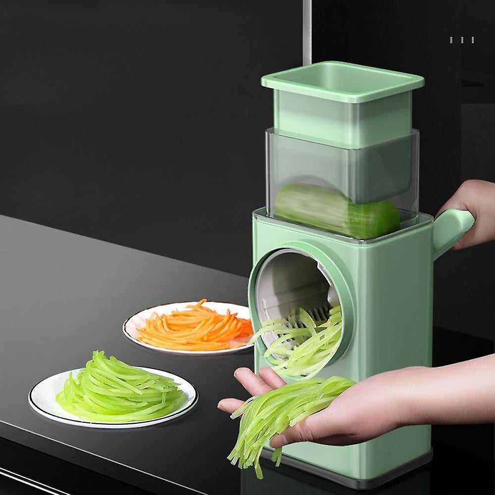 Feliator manual pentru legume, 3 lame din otel inxodabil, 3 tipuri de feliere, material carcasa ABS, latime maxima feliere 4 mm, baza de tip ventuza, usor si sigur de utilizat, 28.5 x 9, 2 x 13.5 cm, verde