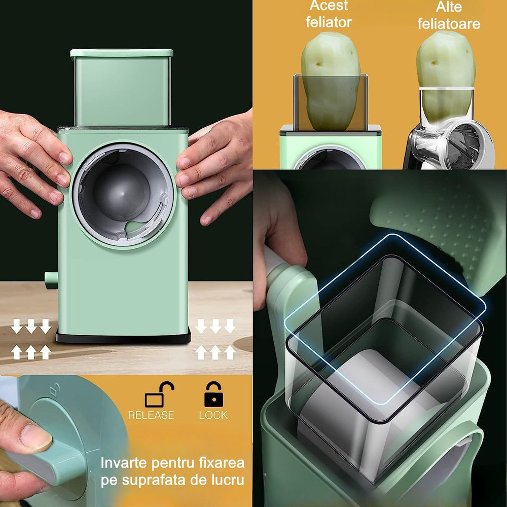 Feliator manual pentru legume, 3 lame din otel inxodabil, 3 tipuri de feliere, material carcasa ABS, latime maxima feliere 4 mm, baza de tip ventuza, usor si sigur de utilizat, 28.5 x 9, 2 x 13.5 cm, verde