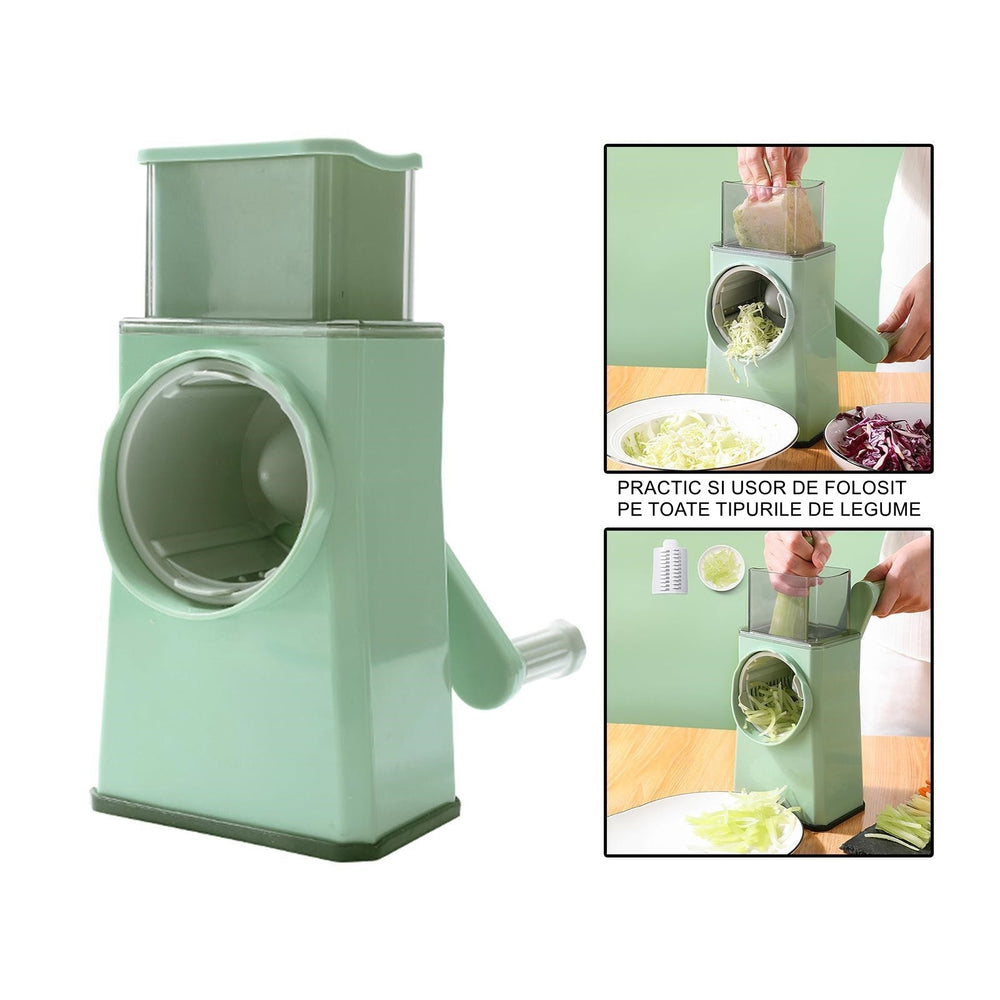 Feliator manual pentru legume, 3 lame din otel inxodabil, 3 tipuri de feliere, material carcasa ABS, latime maxima feliere 4 mm, baza de tip ventuza, usor si sigur de utilizat, 28.5 x 9, 2 x 13.5 cm, verde