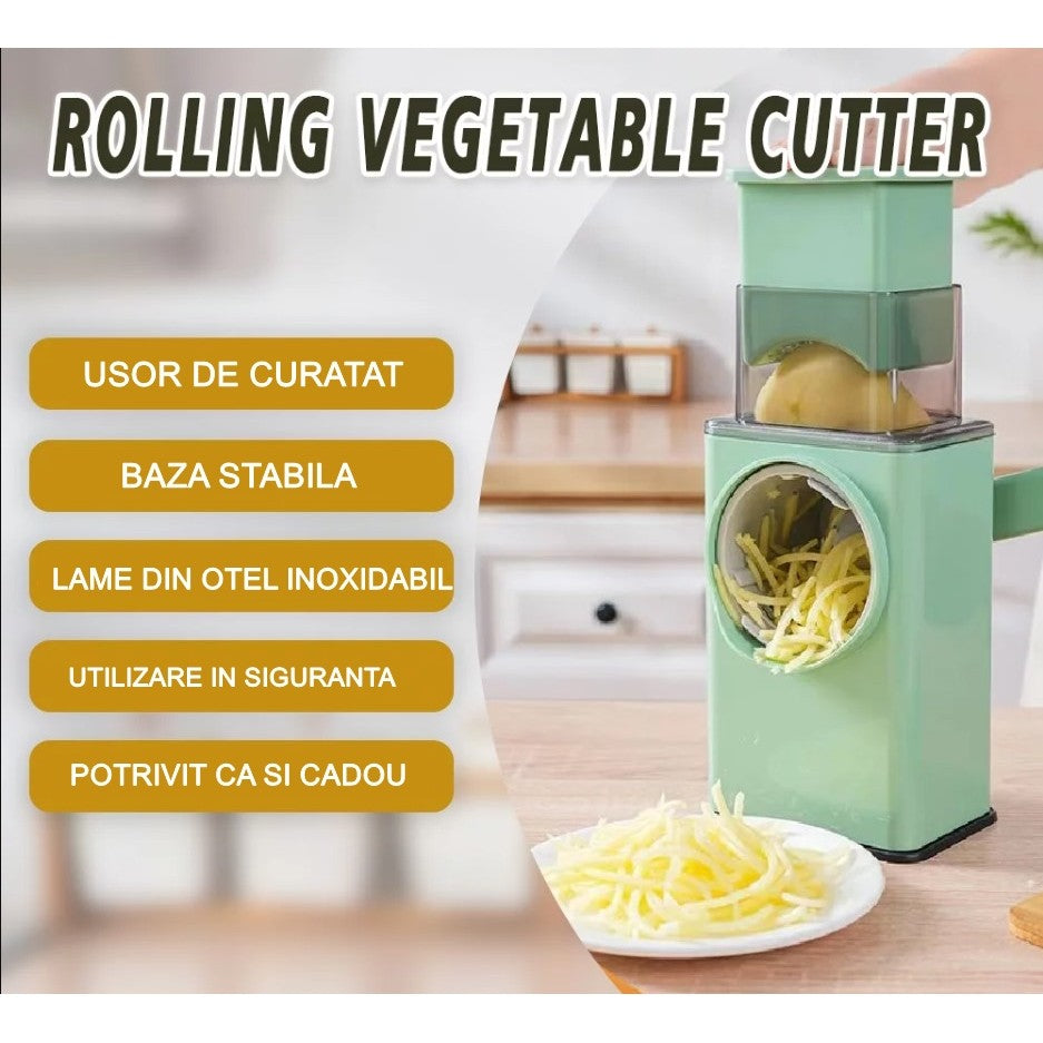Feliator manual pentru legume, 3 lame din otel inxodabil, 3 tipuri de feliere, material carcasa ABS, latime maxima feliere 4 mm, baza de tip ventuza, usor si sigur de utilizat, 28.5 x 9, 2 x 13.5 cm, verde