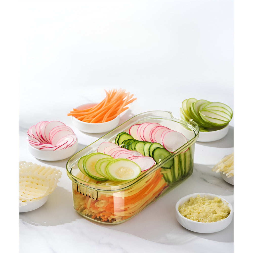 Feliator Multifunctional, 3 in 1, pentru Fructe si Legume, 6 Piese, Maner, Lame de Inox, Recipient Stocare, Protectie Mana, ABS, 35x12x9.4 cm, Verde