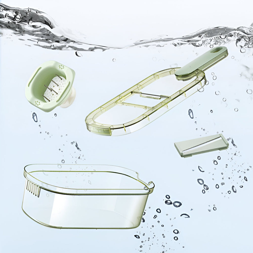 Feliator Multifunctional, 3 in 1, pentru Fructe si Legume, 6 Piese, Maner, Lame de Inox, Recipient Stocare, Protectie Mana, ABS, 35x12x9.4 cm, Verde