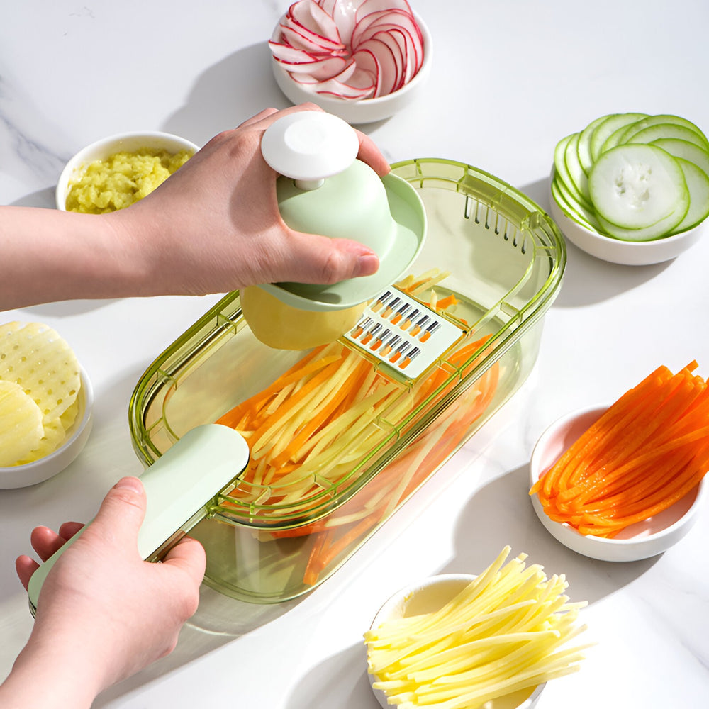 Feliator Multifunctional, 3 in 1, pentru Fructe si Legume, 6 Piese, Maner, Lame de Inox, Recipient Stocare, Protectie Mana, ABS, 35x12x9.4 cm, Verde