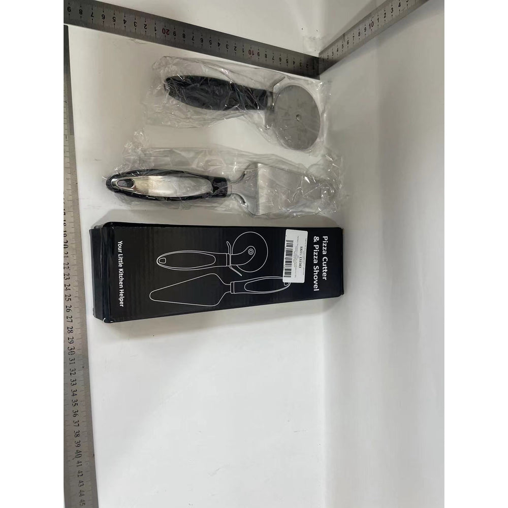 Feliator si Lopatica pentru Pizza, set din 2 ustensile, Otel Inoxidabil, Maner Antiderapant, 26.5 x 8 x 3 cm, Negru