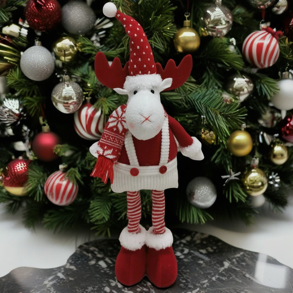 Figurina Decorativa, Pentru Craciun, Ren, Picioare Telescopice, Inaltime Reglabila 44-54cm, Caciula cu Inimioare, Alb/Rosu