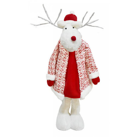 Figurina Decorativa, Pentru Craciun, Ren, Picioare Telescopice, Inaltime Reglabila 42 - 80 cm, cu Haina, Alb/Rosu