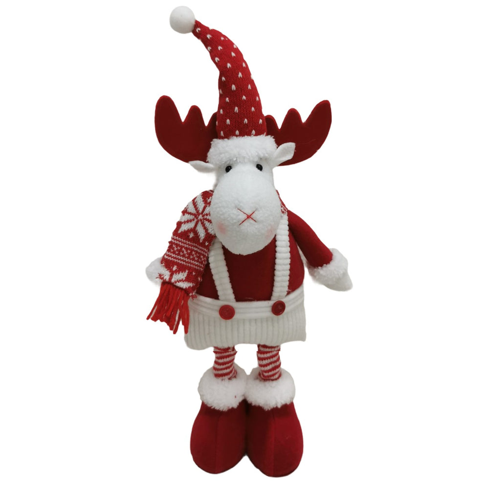 Figurina Decorativa, Pentru Craciun, Ren, Picioare Telescopice, Inaltime Reglabila 44-54cm, Caciula cu Inimioare, Alb/Rosu