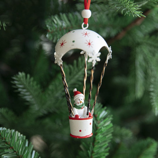 Figurina pentru Brad de Craciun, Model Om de Zapada in Balon cu Aer Cald, Ornament pentru Brad, din Metal, 11 x 5.5 x 5.5 cm, Alb
