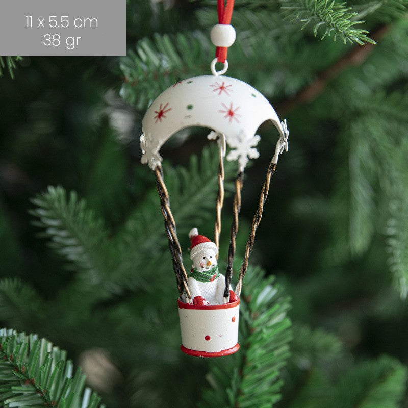 Figurina pentru Brad de Craciun, Model Om de Zapada in Balon cu Aer Cald, Ornament pentru Brad, din Metal, 11 x 5.5 x 5.5 cm, Alb