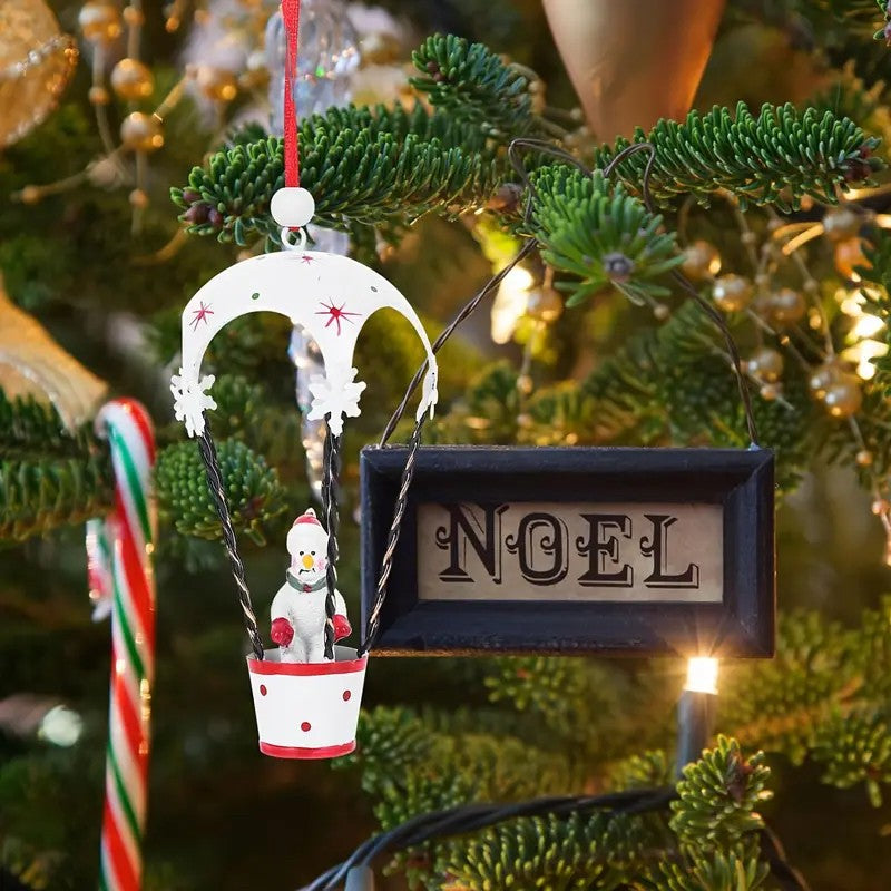 Figurina pentru Brad de Craciun, Model Om de Zapada in Balon cu Aer Cald, Ornament pentru Brad, din Metal, 11 x 5.5 x 5.5 cm, Alb