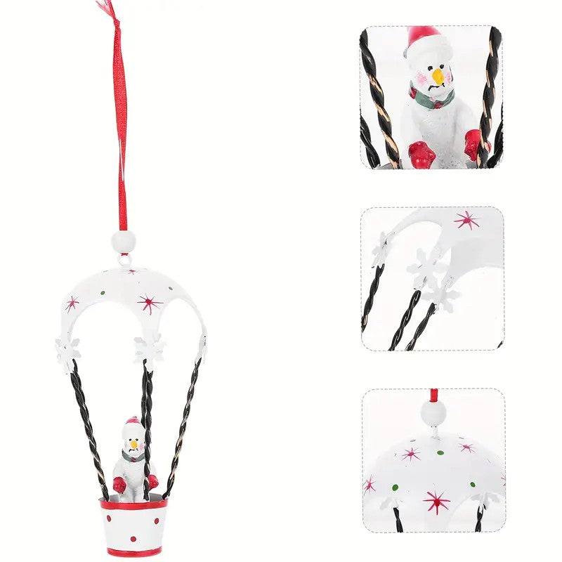 Figurina pentru Brad de Craciun, Model Om de Zapada in Balon cu Aer Cald, Ornament pentru Brad, din Metal, 11 x 5.5 x 5.5 cm, Alb