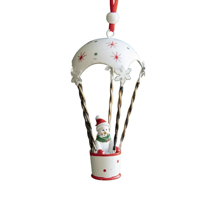 Figurina pentru Brad de Craciun, Model Om de Zapada in Balon cu Aer Cald, Ornament pentru Brad, din Metal, 11 x 5.5 x 5.5 cm, Alb