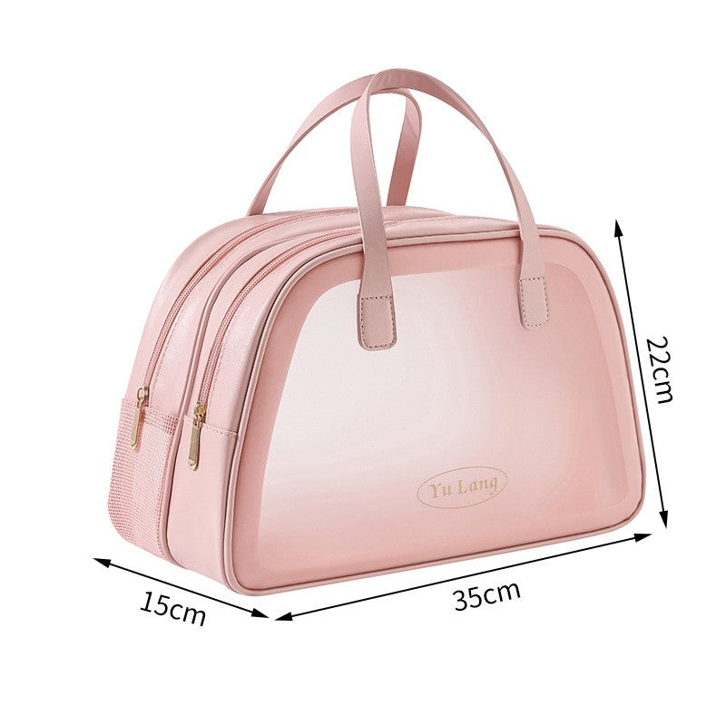 Geanta Cosmetice de Voiaj, Dubla Compartimentare, Impermeabila, Translucida Mata, 35 x 22 x 15 cm, Roz