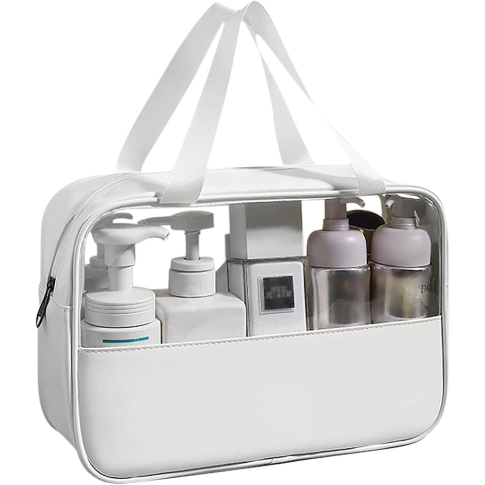 Geanta cosmetice, pentru voiaj sau organizare, material PVC/textil, impermeabila, portabila, 30x12x21 cm, alb