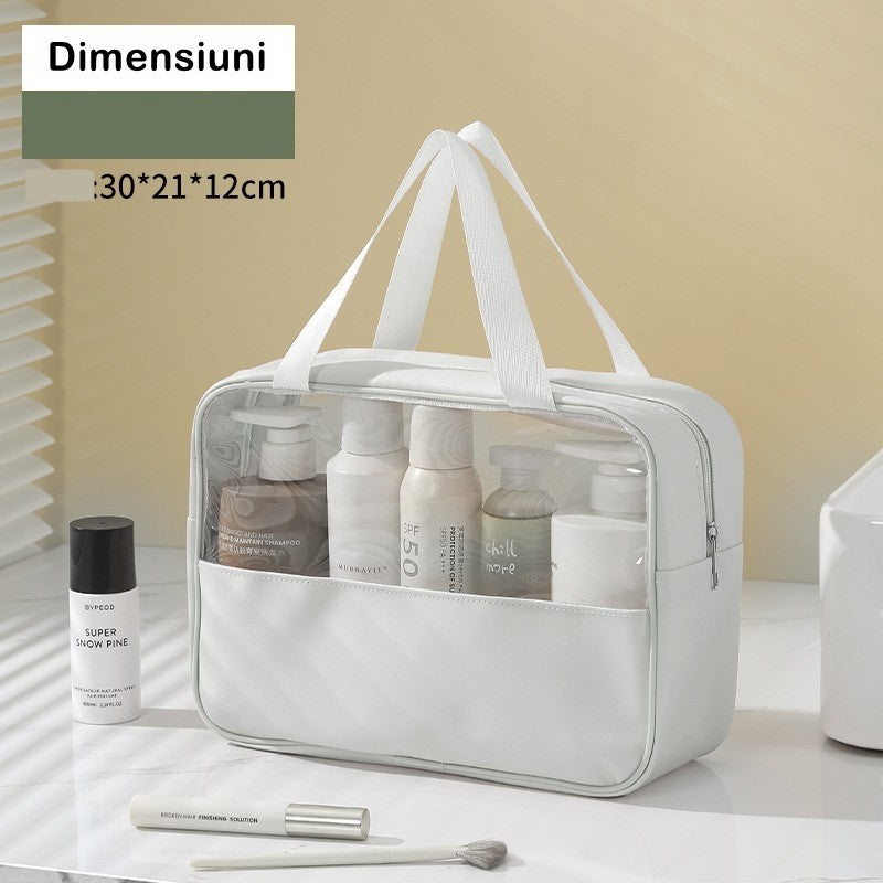 Geanta cosmetice, pentru voiaj sau organizare, material PVC/textil, impermeabila, portabila, 30x12x21 cm, alb