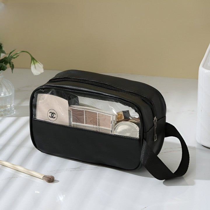 Geanta Cosmetice, pentru Voiaj sau Organizare, Material PVC- Textil, Impermeabila, Portabila, 22 x 12 x 8 cm, Negru