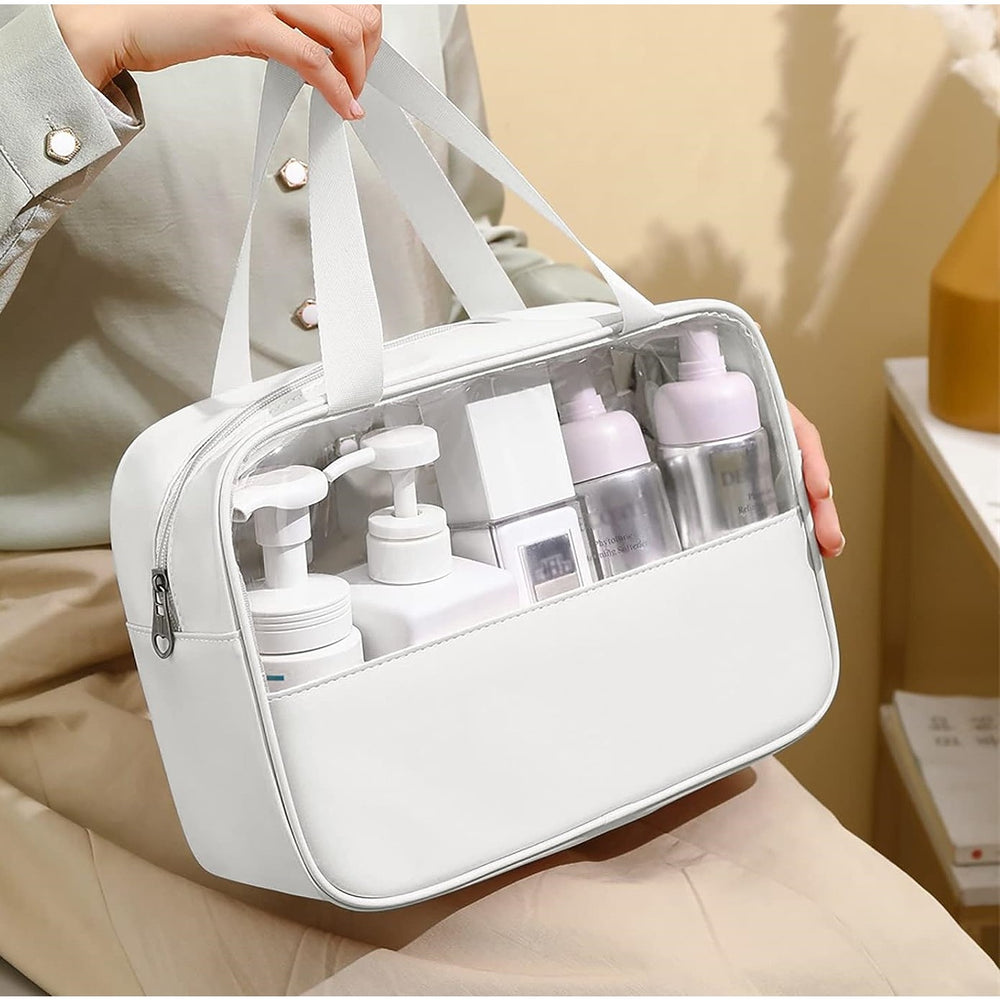 Geanta cosmetice, pentru voiaj sau organizare, material PVC/textil, impermeabila, portabila, 30x12x21 cm, alb