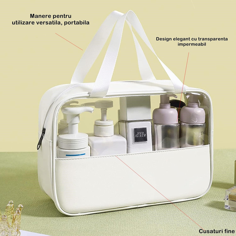 Geanta cosmetice, pentru voiaj sau organizare, material PVC/textil, impermeabila, portabila, 30x12x21 cm, alb