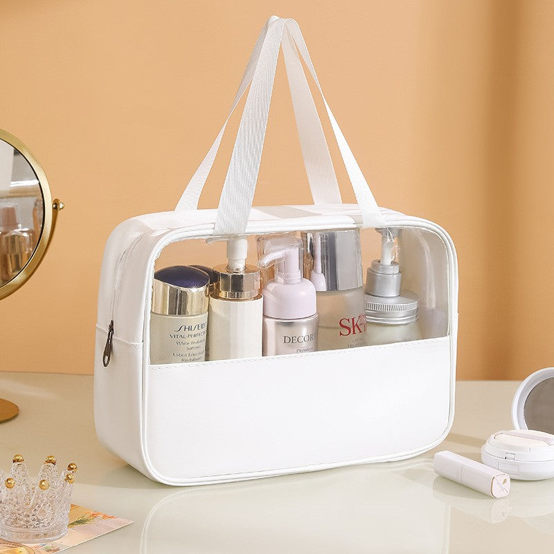 Geanta cosmetice, pentru voiaj sau organizare, material PVC/textil, impermeabila, portabila, 30x12x21 cm, alb