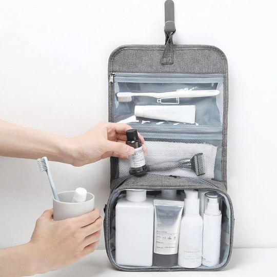 Geanta cosmetice voiaj, material panza, impermeabil, 3 compartimente, cu agatatoare, Gri, 47 x 28 x 20 cm