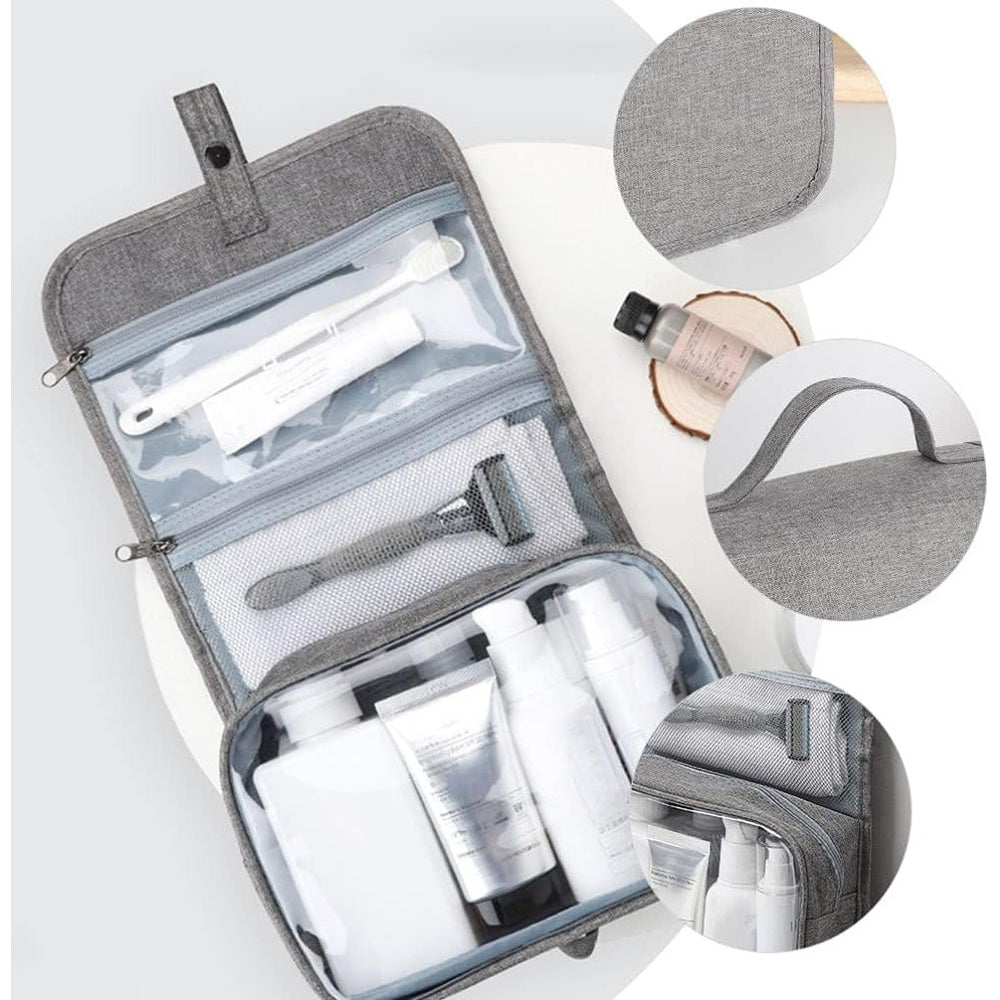 Geanta cosmetice voiaj, material panza, impermeabil, 3 compartimente, cu agatatoare, Gri, 47 x 28 x 20 cm